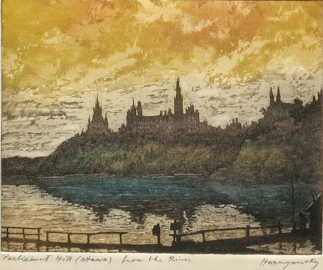 Artist: Nicholas Hornyansky Aquatint: Parliament Hill (Ottawa) from the River
