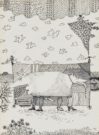 Artist: Florence Vale Ink Drawing: Metamorphic Afternoon 1978